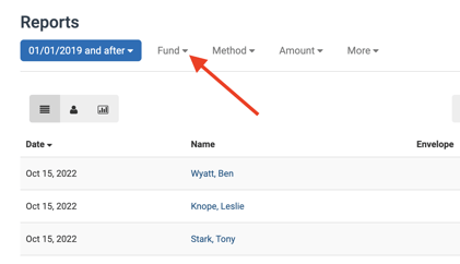 Reports 
01/01/2019 and after 
Date 
Oct 15, 2022 
Oct 15, 2022 
Oct 15, 2022 
Fund 
Method 
Name 
Wyatt, Ben 
Knope, Leslie 
Stark, Tony 
Amount 
More 
Envelope 